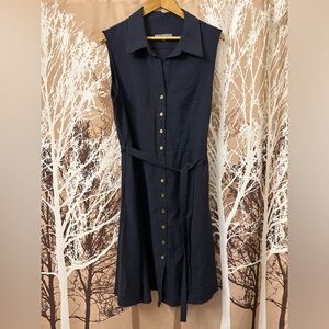 Sharagano Size 16 Navy Button Down Midi Sleeveless Dress with Gold Buttons